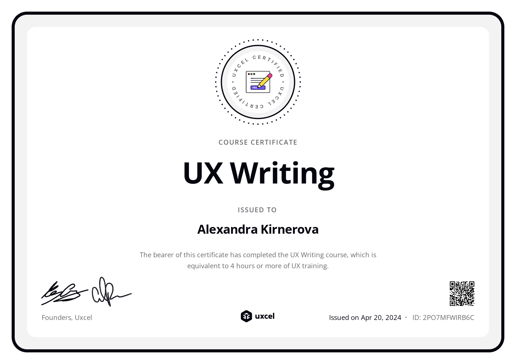 Alexandra Kirnerova's certificate